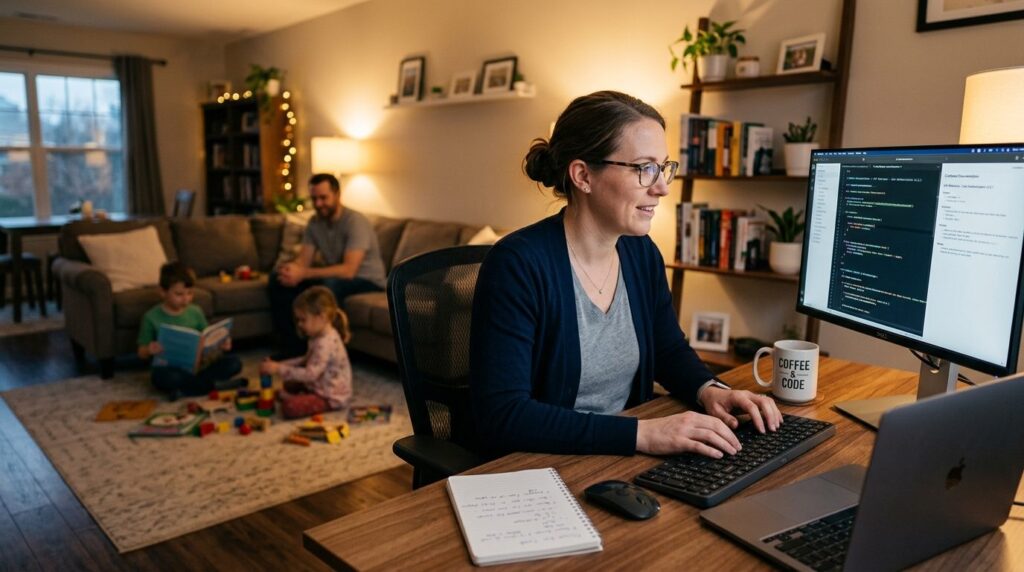 Working parent at home office desk during evening, reviewing