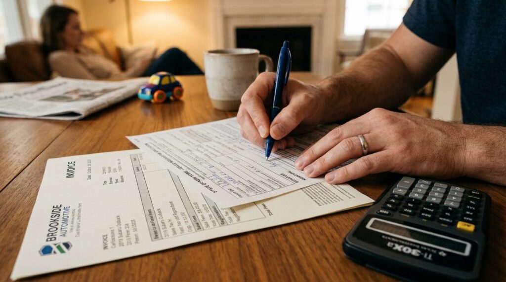 Close-up realistic photo of hands holding a pen over car reg