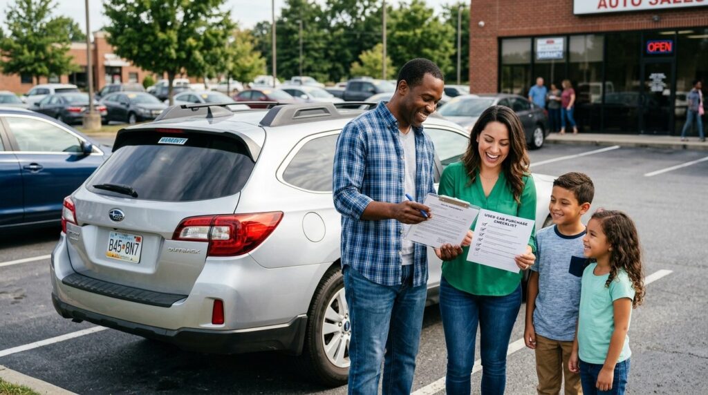 Realistic image of a family standing beside a used car in a