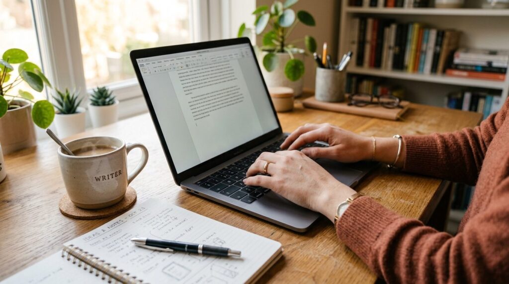 Close-up of female freelance writers hands typing on laptop