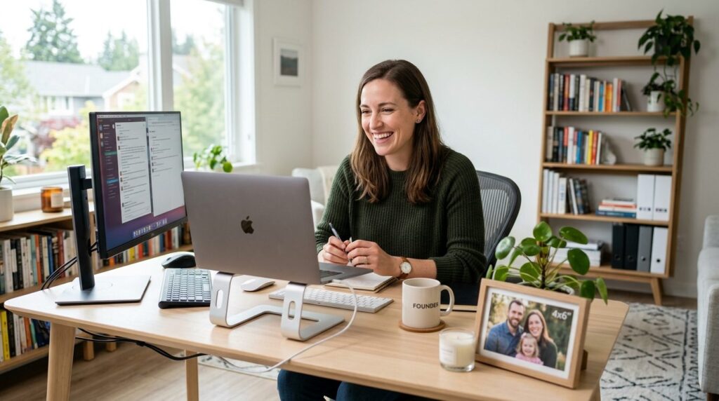 Young entrepreneur parent in home office smiling while video