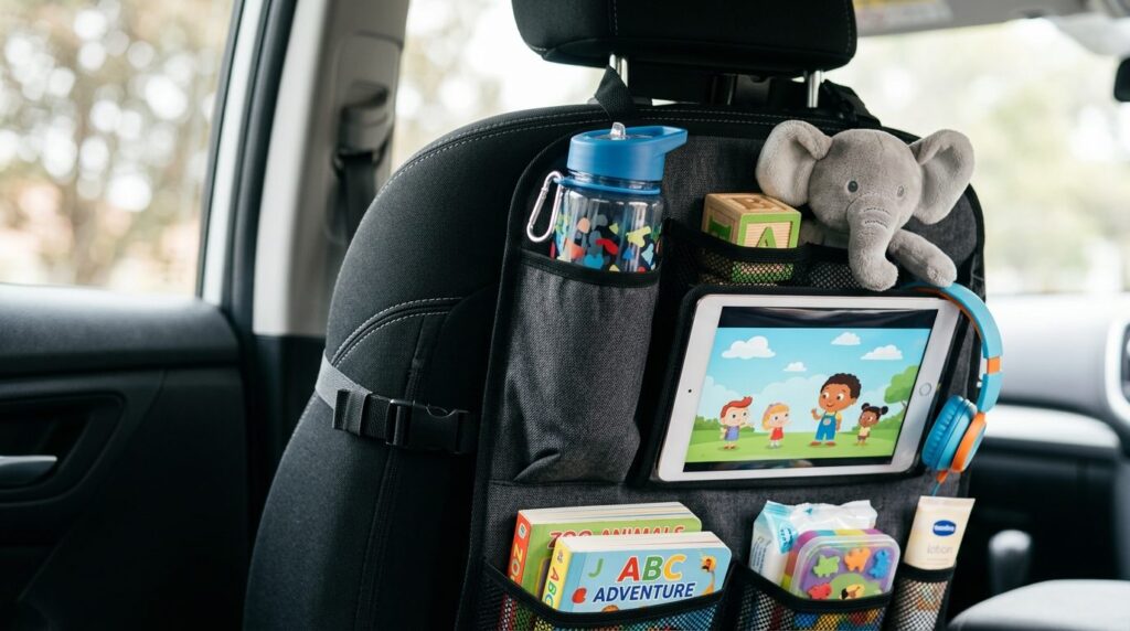 Close-up product lifestyle photo, 16:9 format: Car seat orga