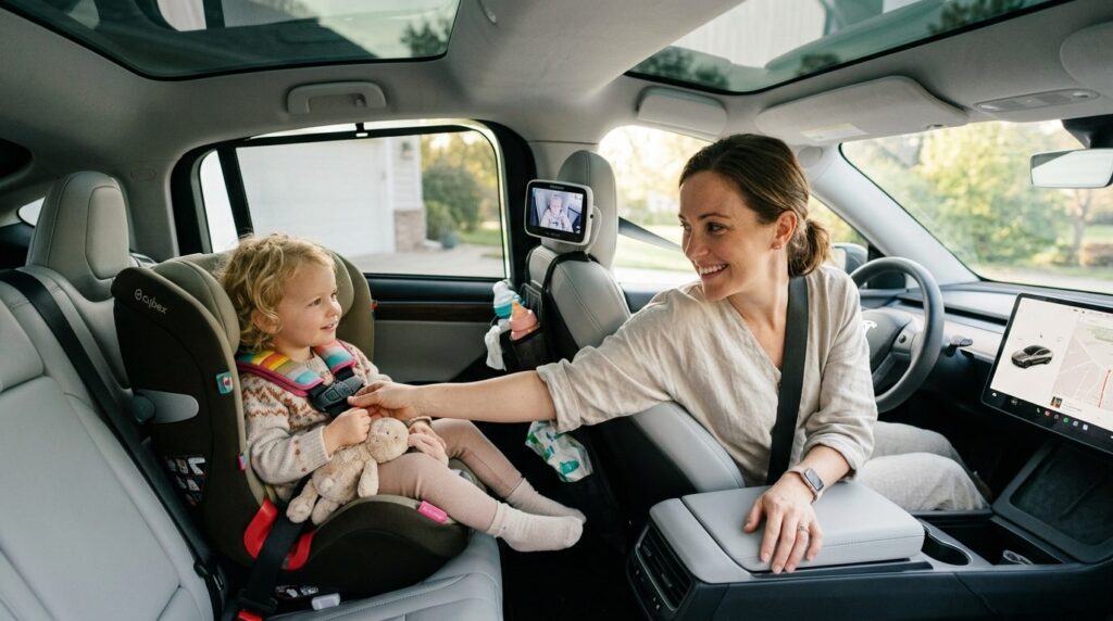 Wide-angle interior car shot, 16:9 format: Mother reaching b