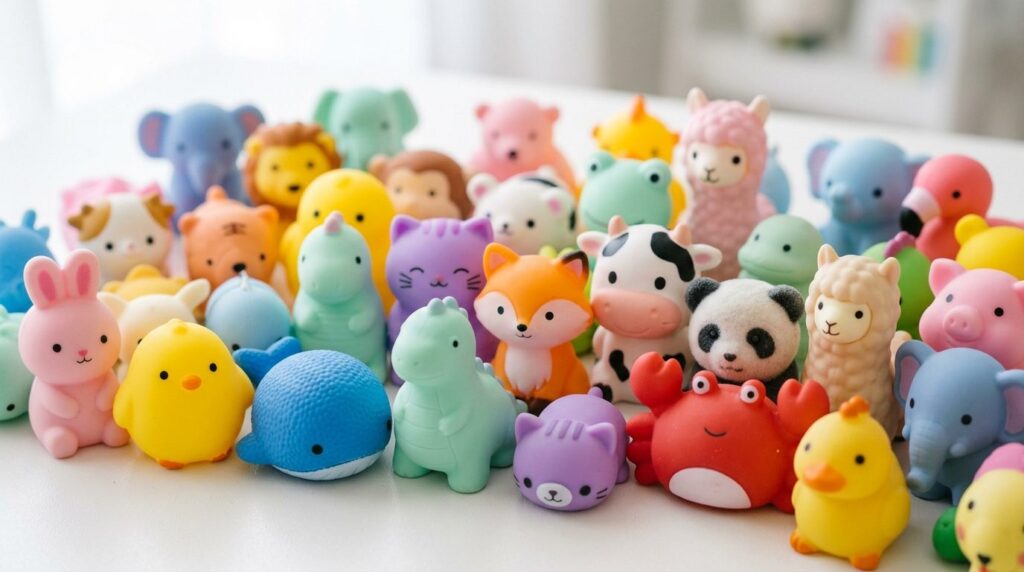 Close-up product photography of assorted squishy toys in dif