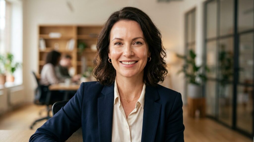 Close-up portrait of a busy professional woman in her 40s wi